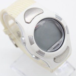 Vintage Bowflex Digital Watch Mens White Tone Stainless Steel White Rubber Band